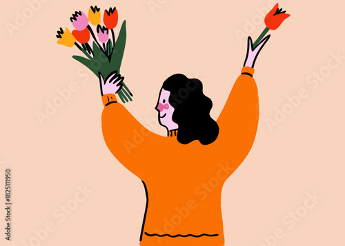Vibrant Illustration of Cheerful Woman Holding Colorful Flower Bouquet