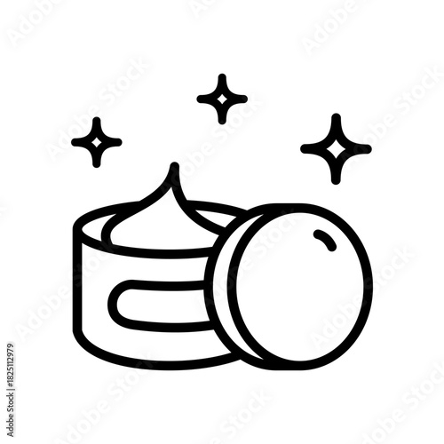 Open jar of cream. Cosmetics container. Skin care body and face skin, moisturizer cream, lotion. Natural organic cosmetics, skin care. Vector isolated outline icon.