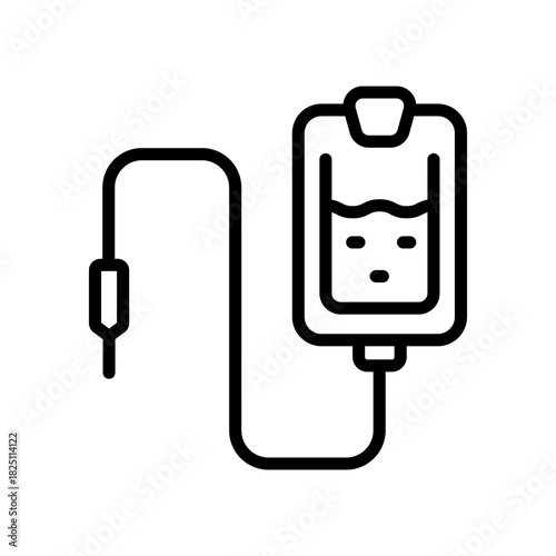 Saline outline icon. IV drip bag with a tube. Vector illustration of an intravenous therapy, for healthcare apps, medical websites, and hospital-related visuals.