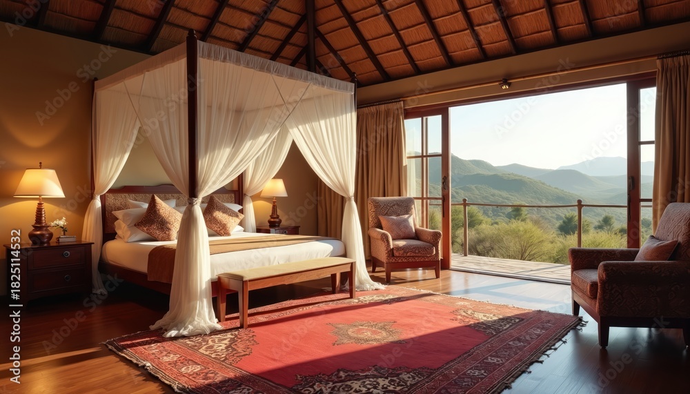 Obraz premium Luxurious safari lodge bedroom with four poster bed and thatched roof. Large windows open to scenic mountain landscape. Comfortable armchairs on wooden balcony, perfect for relaxation and views.