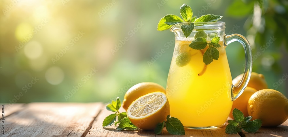 Fototapeta premium Pitcher of lemonade with lemons and mint on a wooden table in natural daylight. Refreshing citrus drink with ice. Healthy beverage for summer refreshment. Juicy cool refreshment served outdoors.