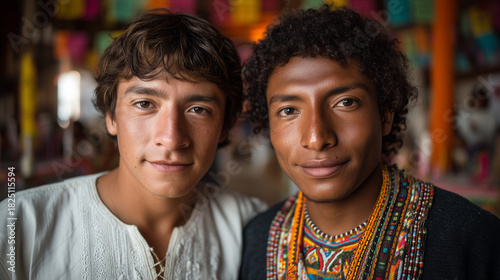 Authentic portrait of two young men celebrating their cultural heritage at the vibrant Fiesta al Señor de los Rayos, Jalisco, a traditional festival