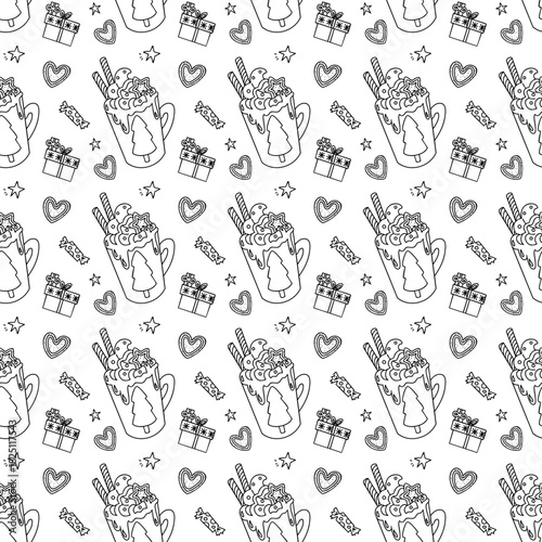 Seamless pattern with hand-drawn Christmas mugs, gifts and hearts on white background. Vector festive holiday background. 