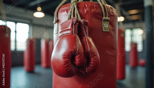 Red boxing gloves hang on a heavy bag inside a gym. Multiple sandbags are visible in the background. This equipment is used for combat sports training and fitness.
