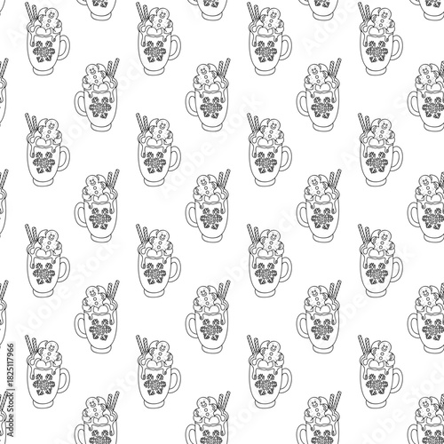 Seamless pattern with hand-drawn winter hot chocolate mugs on white background. Vector festive holiday background.