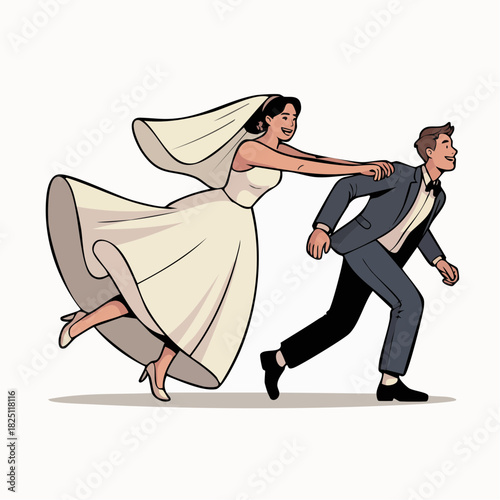 bride chases laughing groom through whimsical aisle, cartoon wedding day motion and joy