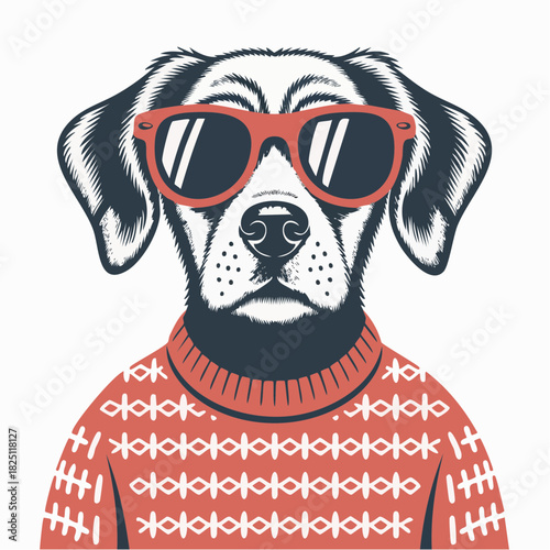 dapper dachshund in red shades and geometric sweater, retro street-style pet portrait