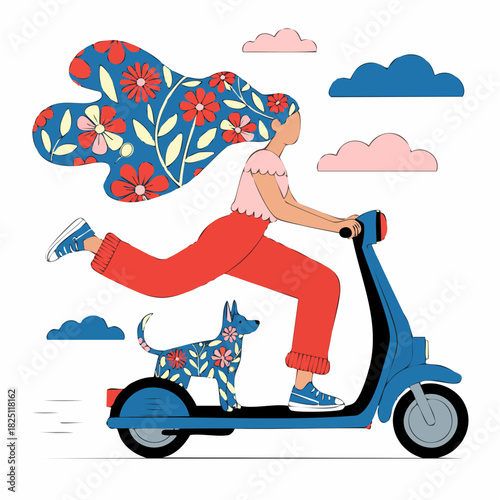 floral-haired rider on blue scooter with patterned dog and dreamy cloudscape motion