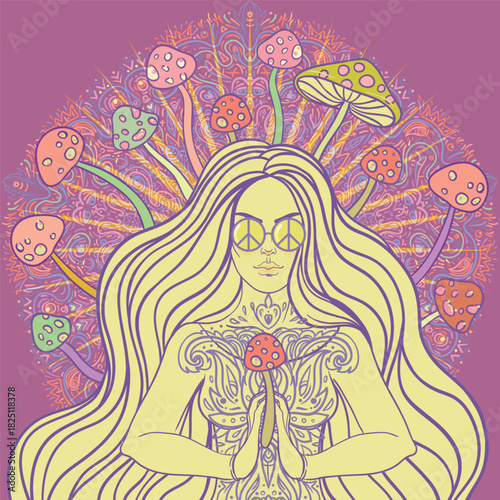 Beautiful Girl sitting in lotus position over ornate colorful mandala background. Vector illustration. Psychedelic mushroom composition. Buddhism esoteric motifs.