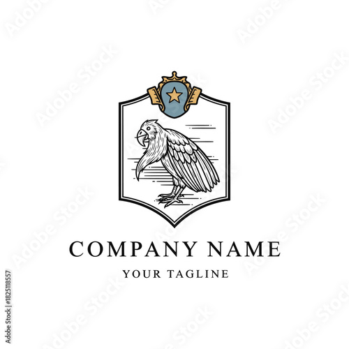 Detailed illustration of a bird within a heraldic shield emblem.