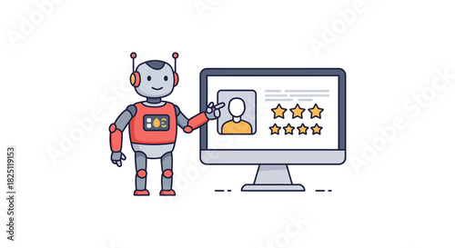 robot presenting customer reviews showcasing 5-star rating for user feedback ideal for demonstrating ai support and advanced technology