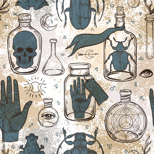 Mystic seamless pattern inspired by medieval manuscripts, featuring esoteric, magical, and occult symbols. Retro hand-drawn vector texture perfect for wallpapers, textiles, and wrapping designs.