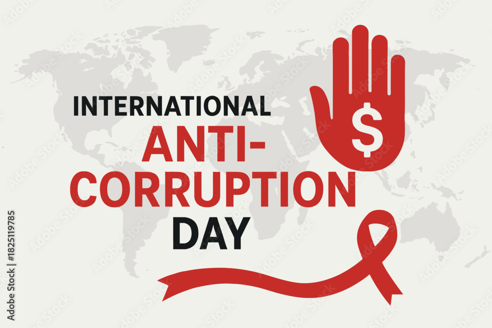 Obraz premium International Anti-Corruption Day Vector Graphic with Raised Hand and Ribbon on World Map Background