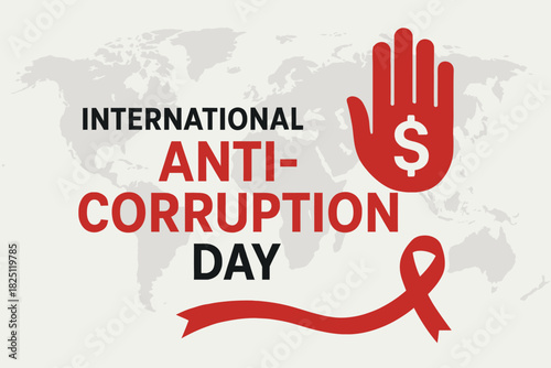 International Anti-Corruption Day Vector Graphic with Raised Hand and Ribbon on World Map Background