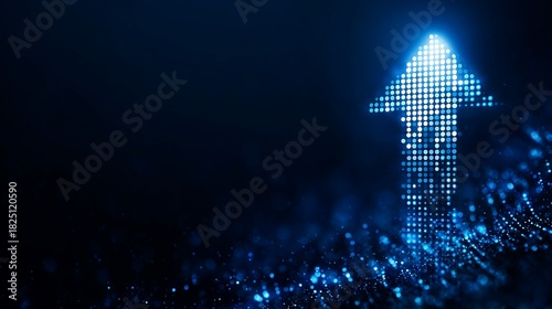 Abstract Blue Arrow Upward Made of Digital Blocks on Dark Background