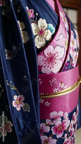 Close-up angle of a floral kimono with vibrant pink and blue hues, showcasing intricate cherry blossom patterns. Perfect for a cultural fashion video.