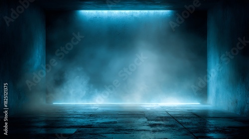 Fototapeta Naklejka Na Ścianę i Meble -  Abstract Blue Light on Concrete Room Background with Fog Texture Creates a Modern and Mysterious Atmosphere and Empty Space Ideal for Product Display