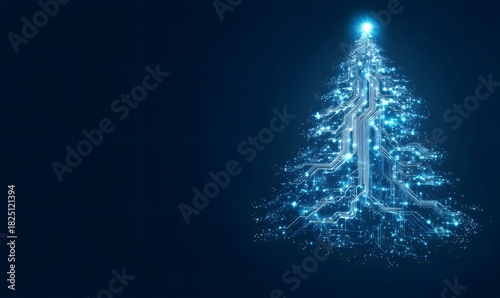 Glowing circuit board lines and sparkling particles creating a futuristic christmas tree silhouette, representing technology and holidays