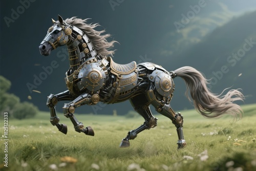 Mechanical horse with intricate gears and metallic armor galloping through a grassy field