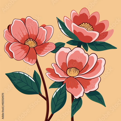 Soft Pink and Red Floral Illustration with Green Leaves