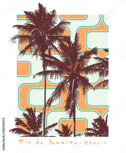 Composition featuring silhouettes of coconut trees on an abstract background.