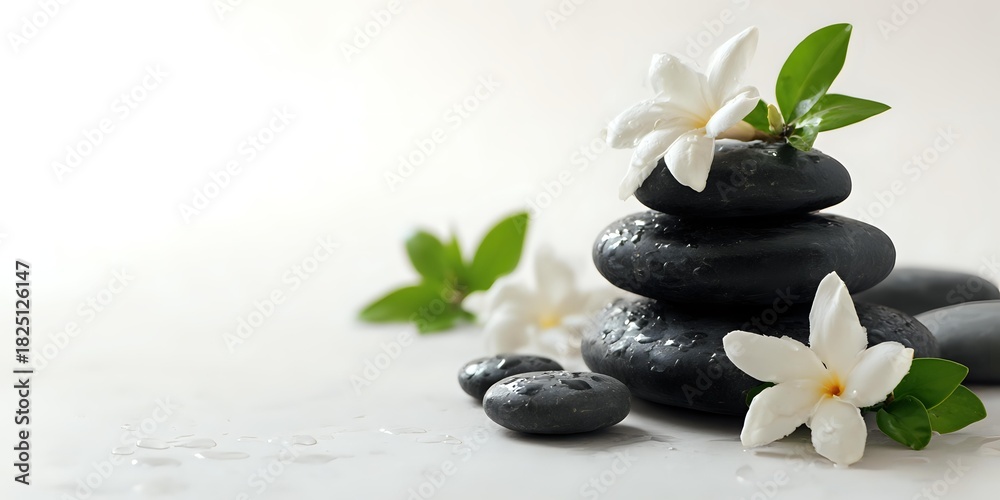 Fototapeta premium Zen spa composition with stacked black massage stones and delicate white jasmine flowers on light background, creating tranquil atmosphere for wellness treatments.