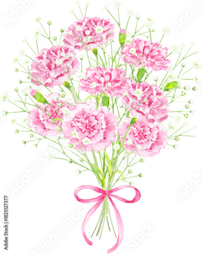 水彩で描いたカーネーションとカスミソウの花束