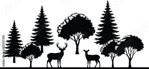 Forest deer silhouette, woodland trees landscape, wildlife scene illustration, nature forest vector art, pine trees and deer design