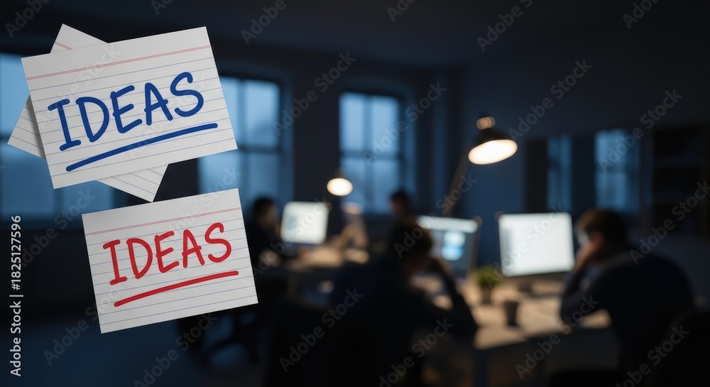 Fototapeta premium Ideas on sticky notes with team working in office at night brainstorming and collaborating together