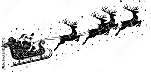 Santa sleigh silhouette, flying reindeer, Christmas holiday scene, festive winter illustration, Santa Claus and reindeer vector art