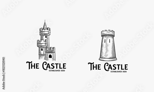 Vintage hand drawn castle Logo designs template vector
