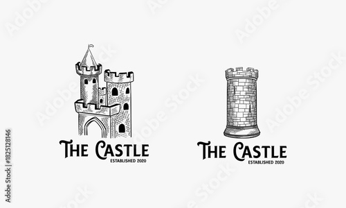 Vintage hand drawn castle Logo designs template vector