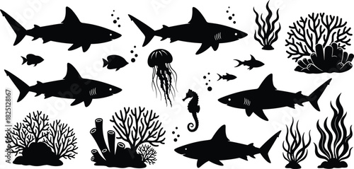 Shark and sea life silhouettes, underwater ocean illustration set, coral reef fish artwork, marine wildlife graphic design for projects