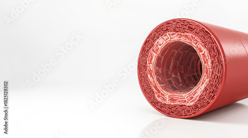 Anatomy of blood vessel cross section showing layers. 3D scientific illustration of healthy artery or vein on white background.