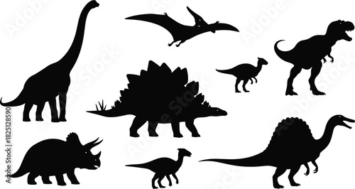 Dinosaur silhouettes collection, prehistoric animal illustration set, T-rex stegosaurus triceratops sauropod artwork, ancient reptile graphic design for projects