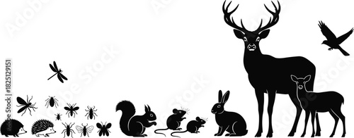 Forest animals and insects silhouettes, deer squirrel rabbit bird wildlife scene, nature woodland graphic illustration for design and projects