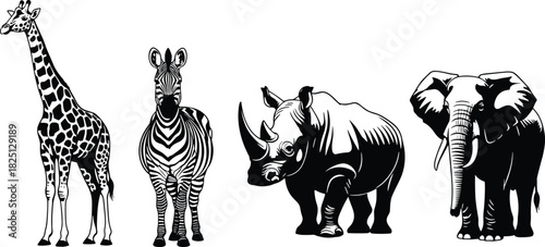 African wildlife illustration, giraffe zebra rhino elephant artwork, detailed animal drawings, safari wildlife graphic design for nature projects