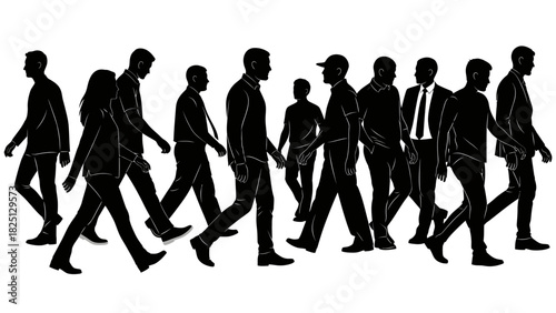 Silhouetted group of people walking in the same direction.