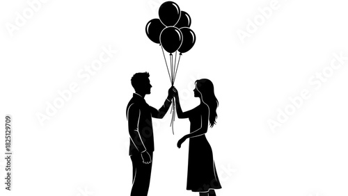 Silhouette of a couple holding a bunch of black balloons, symbolizing love and celebration.