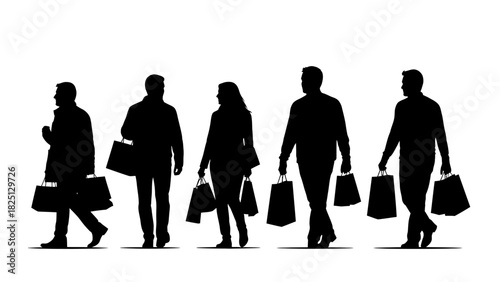 Silhouetted figures of people walking, each carrying shopping bags, suggesting retail activity.
