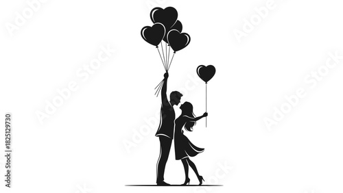 Silhouette of a couple holding heart-shaped balloons, romantic illustration.