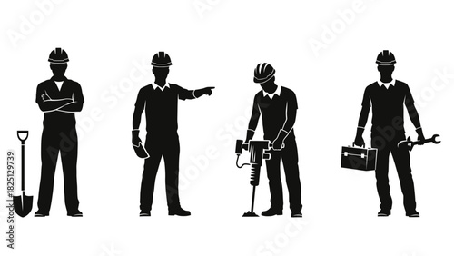 A set of four black silhouettes of construction workers with tools like a shovel, jackhammer, and wrench.