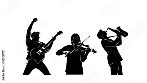 Silhouettes of three musicians playing guitar, violin, and saxophone against a white background.