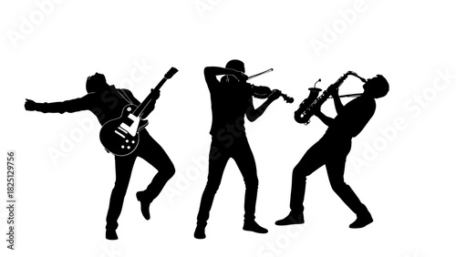 Silhouettes of three musicians playing electric guitar, violin, and saxophone on a white background.
