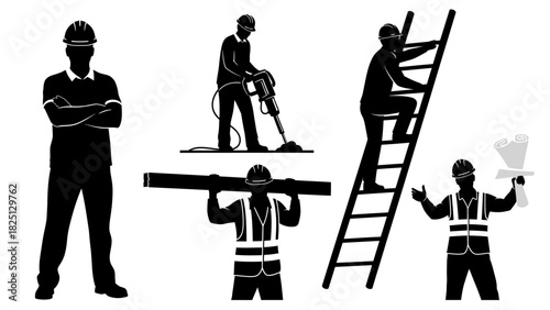 Silhouette of construction workers performing various tasks, including carrying materials and using tools.