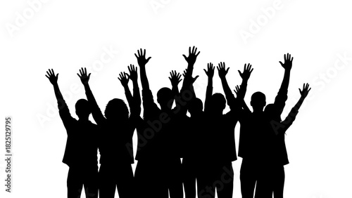 Silhouette of a group of people with their hands raised in the air.