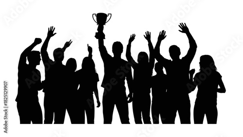 Silhouette of a group of people celebrating victory with a trophy.
