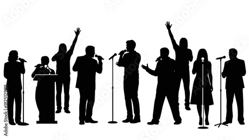 Silhouette of a group of people, some holding microphones, possibly singing or speaking.