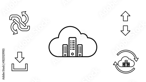 A set of black and white line icons representing cloud computing, data storage, transfer, and synchronization concepts.