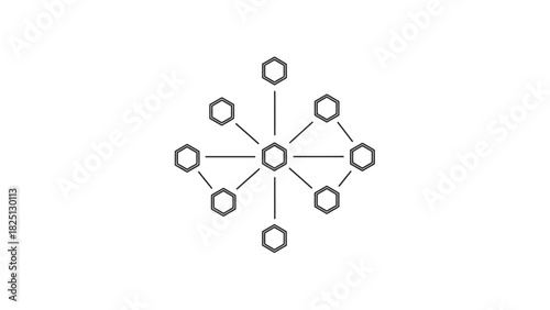 Abstract network diagram with interconnected hexagons on white.